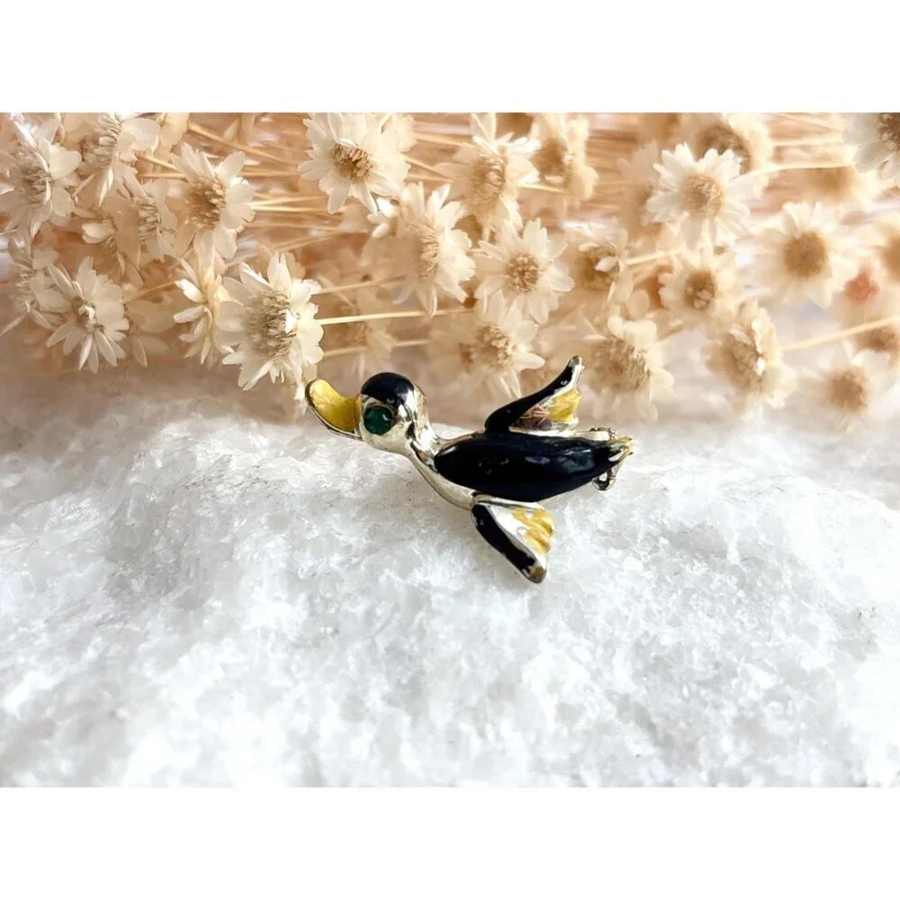 Duck in Flight Figural Enameled Gold Toned Vintage Costume Jewelry Brooch
